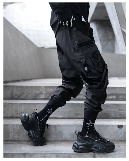 Hip Hop Tactical Cargo Pants Men Ribbons Joggers Trousers 2023 Spring Functional Elastic Waist Fahsion Streetwear Pant