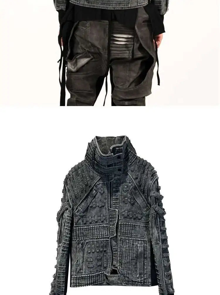 HKSH Spring Autumn Men Punk Waste Land Pleated Asymmetric Loop Vintage Washed Cotton Jacket Techwear Dark Motorcycle Coat HK4372