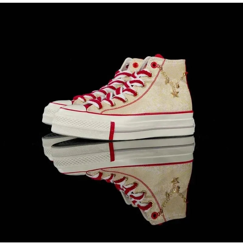 2025 New Thick Bottom High Top Couple Shoes Yellow And Red Men's And Women's Canvas Shoes Rubber Sole Spring Autumn Season