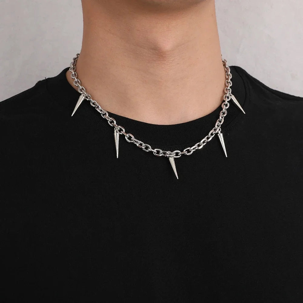 Men Punk Style Rivet Tassel Necklace Hip Hop Women Fashion Geometric Titanium Steel Chain Necklace