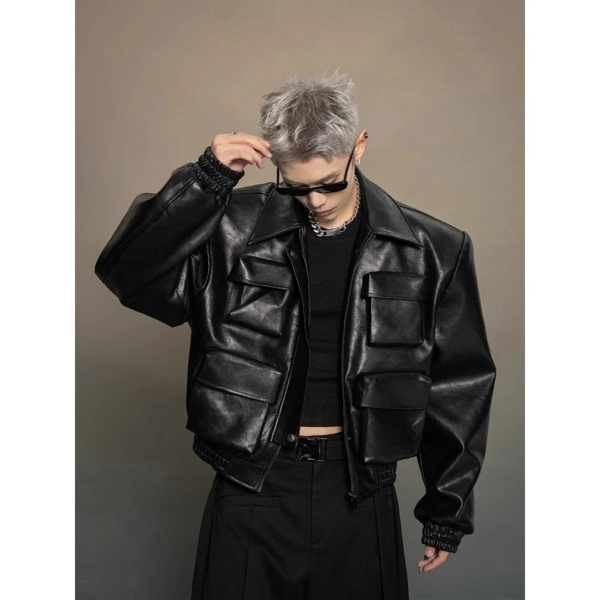 Y2K Mens PU Leather Jacket Pocket Motorcycle Coat Flip Collar Casual Gothic High Street Dark Silhouette Top Men's Wear 2025