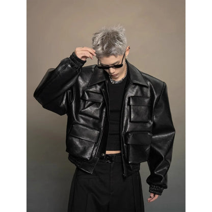 Y2K Mens PU Leather Jacket Pocket Motorcycle Coat Flip Collar Casual Gothic High Street Dark Silhouette Top Men's Wear 2025
