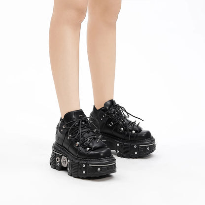 New Punk Style Women Shoes Lace-up Heel Height 6CM Platform Shoes Woman Gothic Ankle Rock Boots Metal Decor Woman Sneakers