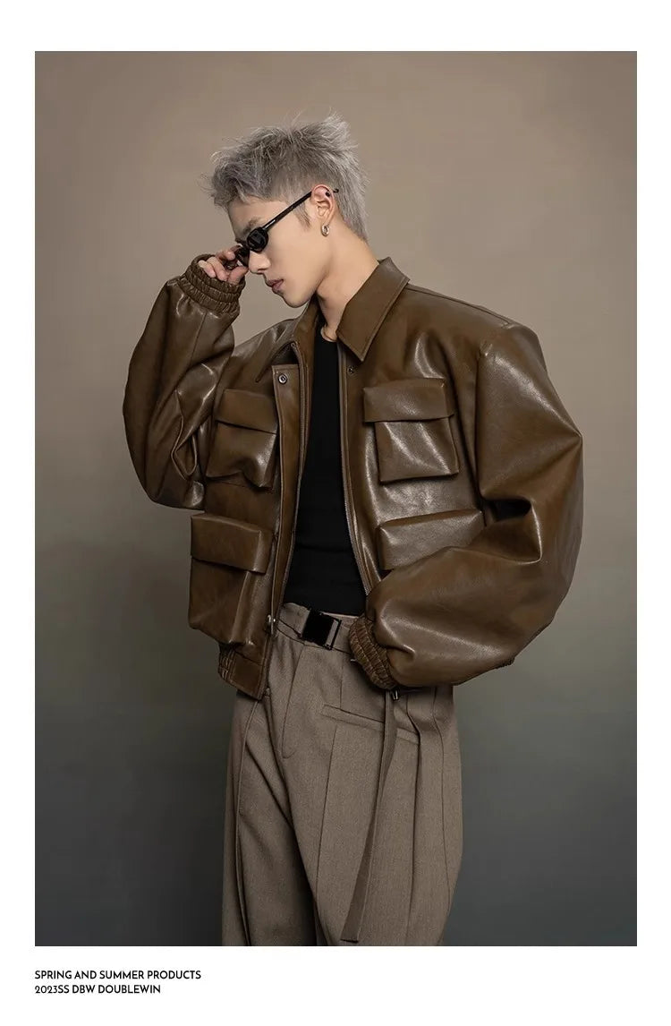 Y2K Mens PU Leather Jacket Pocket Motorcycle Coat Flip Collar Casual Gothic High Street Dark Silhouette Top Men's Wear 2025