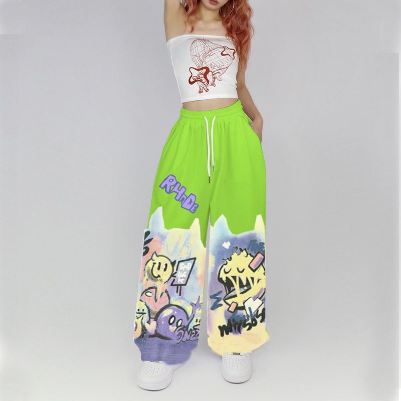 American Street Hip Hop Straight Graffiti Casual Pants New Fashion Casual High Waist Pockets Jazz Dance Sports Wide Leg Trousers
