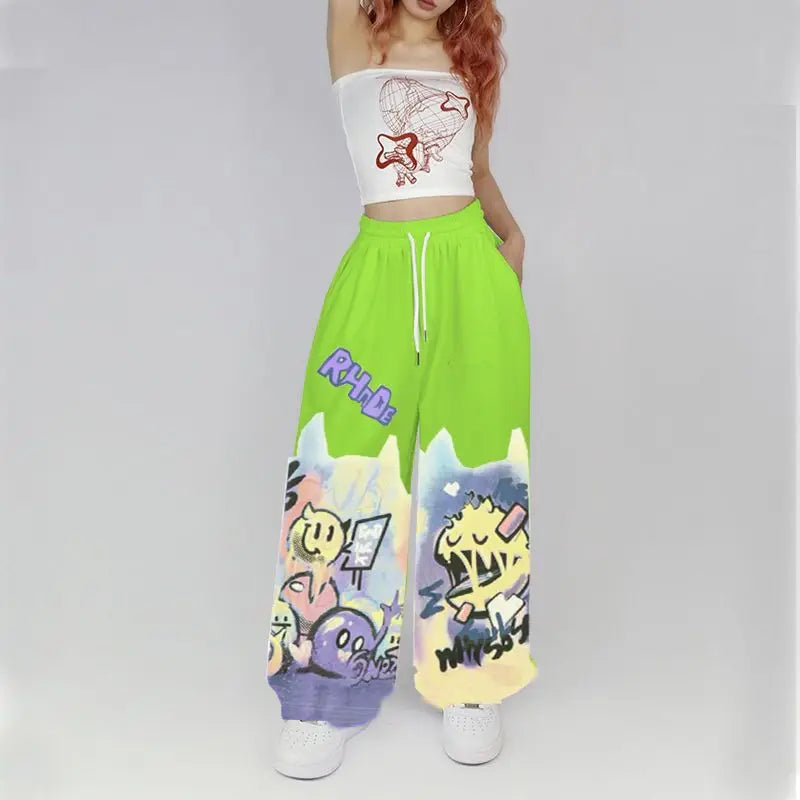 American Street Hip Hop Straight Graffiti Casual Pants New Fashion Casual High Waist Pockets Jazz Dance Sports Wide Leg Trousers