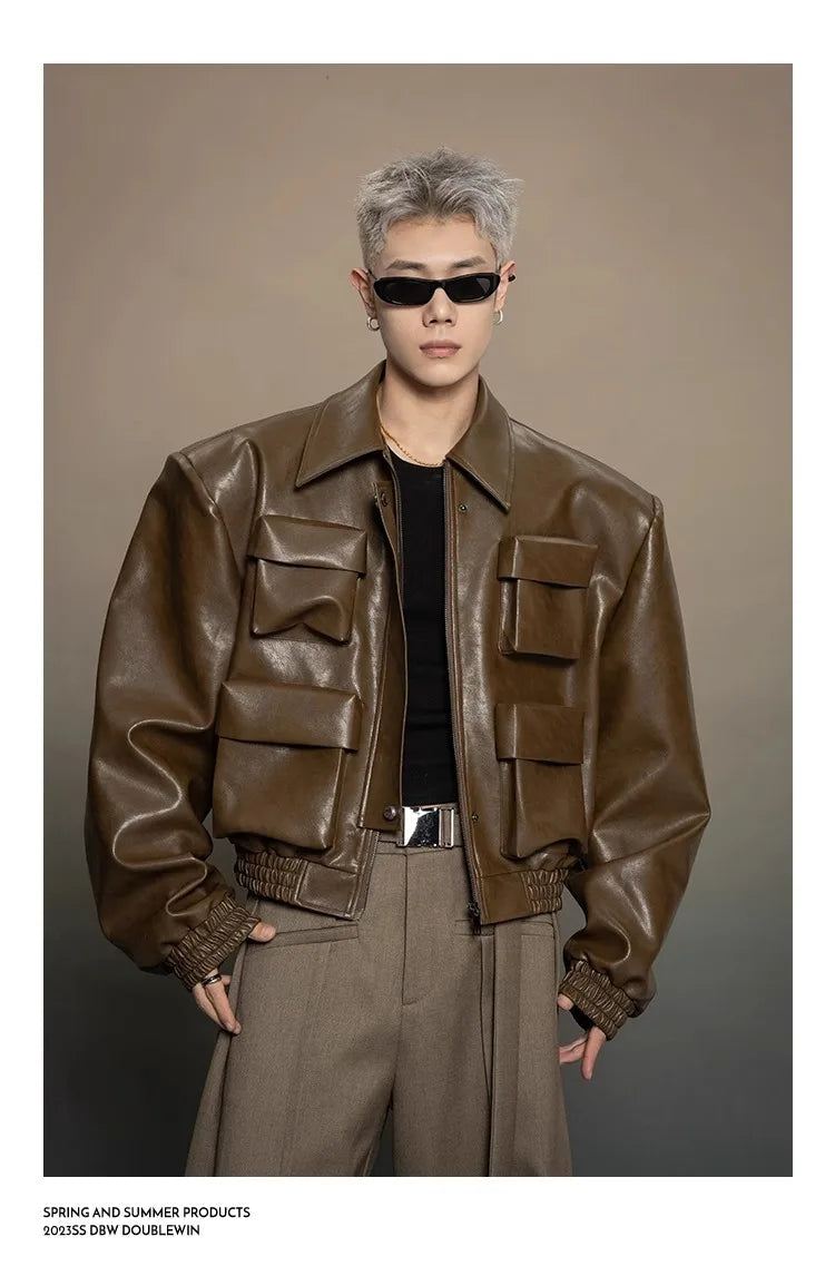 Y2K Mens PU Leather Jacket Pocket Motorcycle Coat Flip Collar Casual Gothic High Street Dark Silhouette Top Men's Wear 2025