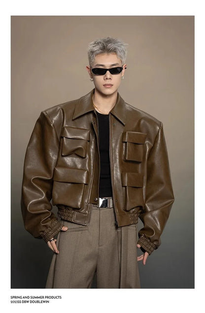 Y2K Mens PU Leather Jacket Pocket Motorcycle Coat Flip Collar Casual Gothic High Street Dark Silhouette Top Men's Wear 2025