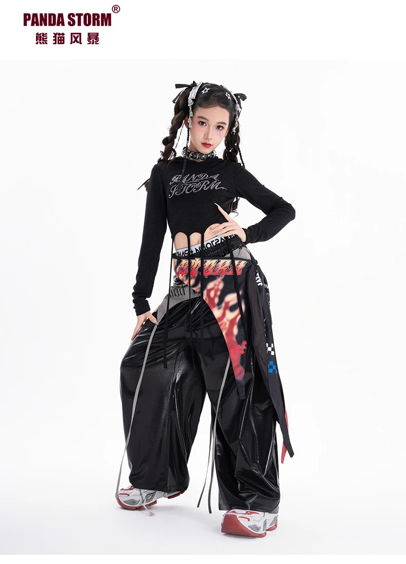 Fashion Girls Hip Hop Dance Clothing Long Sleeves Tops Baggy Pants Kids Jazz Kpop Performance Costume Street Dance Wear BL17513