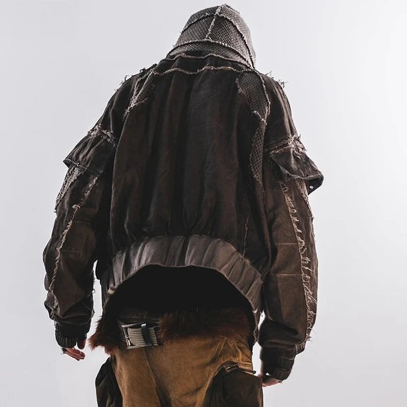 Waste Soil Style Mesh Splicing Hooded Short Jacket Washed Distressed Stereoscopic Cut Loose Coat  for Men