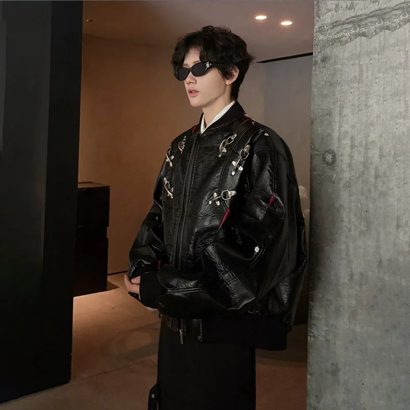 WTHT Fashion Men's Leather Spliced Metal High Street Coats Trendy American Style Zipper Lapel Jackets Male 2025 Autumn 2A2063