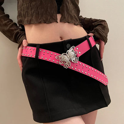 Retro Punk Style Rivet Belt For Women Girls Trendy Personality Butterfly Buckle Wide Belt Luxury Fashion Waistband Jeans Belt