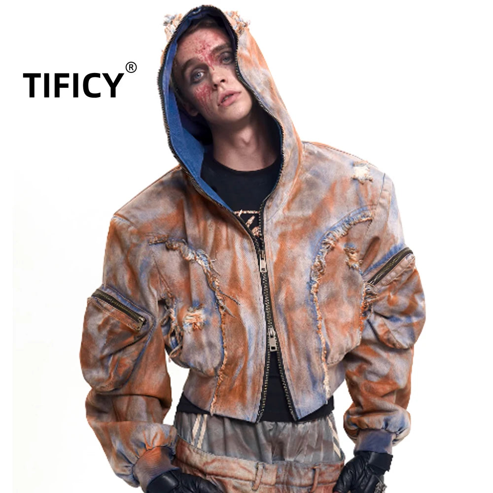 Wasteland Style Short Hooded Denim Jacket Men's Autumn and Winter Three-dimensional Pockets and Zippered Denim Jacket