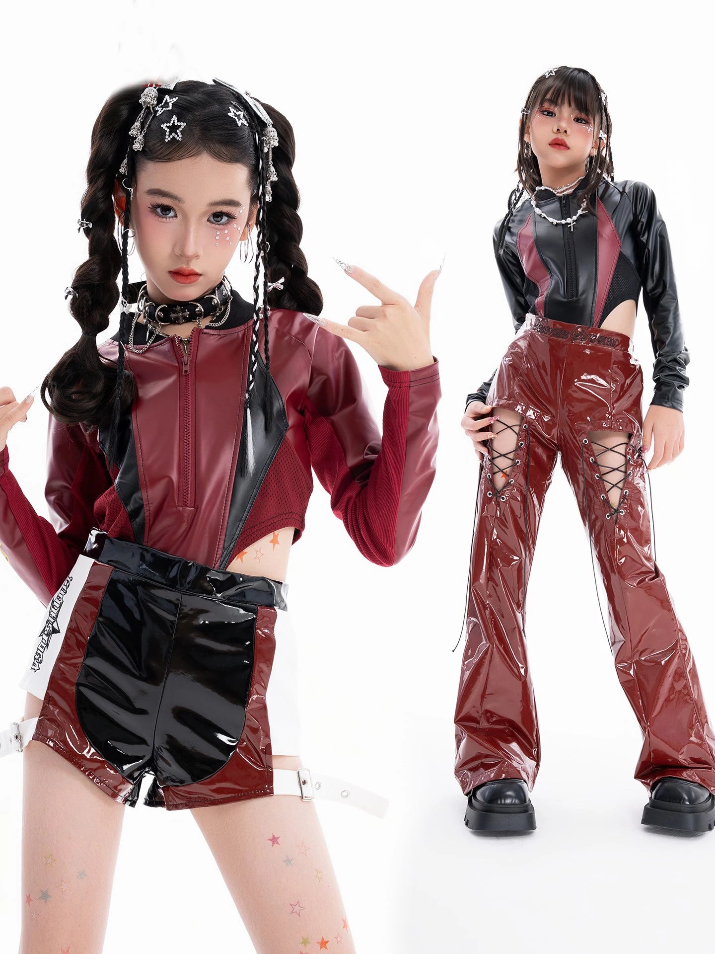 2025 Fashion Girls Jazz Dance Clothes Leather Tops Trousers Red Performance Suit Hip Hop Dance Costume Kids Stage Wear  BL18021