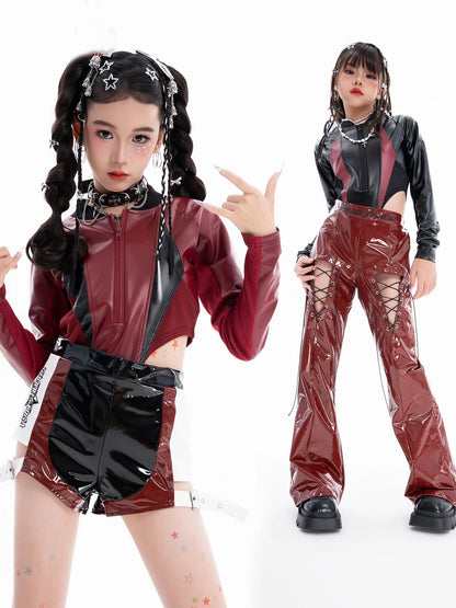 2025 Fashion Girls Jazz Dance Clothes Leather Tops Trousers Red Performance Suit Hip Hop Dance Costume Kids Stage Wear  BL18021