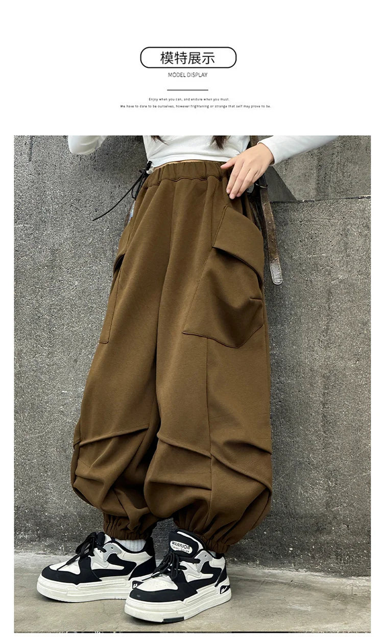 2025 Hot Sale Loose Hip-hop Pants For Girl Kids Fashion High Street Child Black Burgundy Chocolate Trousers Streewear Trackpants
