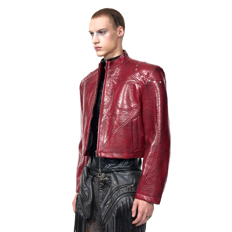 FEWQ High Street Men's PU Leather Jackets Stand Collar Shoulder Pads Dirty-dying Contrast Color Loose Male Short Coats 24K5621