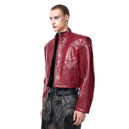 FEWQ High Street Men's PU Leather Jackets Stand Collar Shoulder Pads Dirty-dying Contrast Color Loose Male Short Coats 24K5621