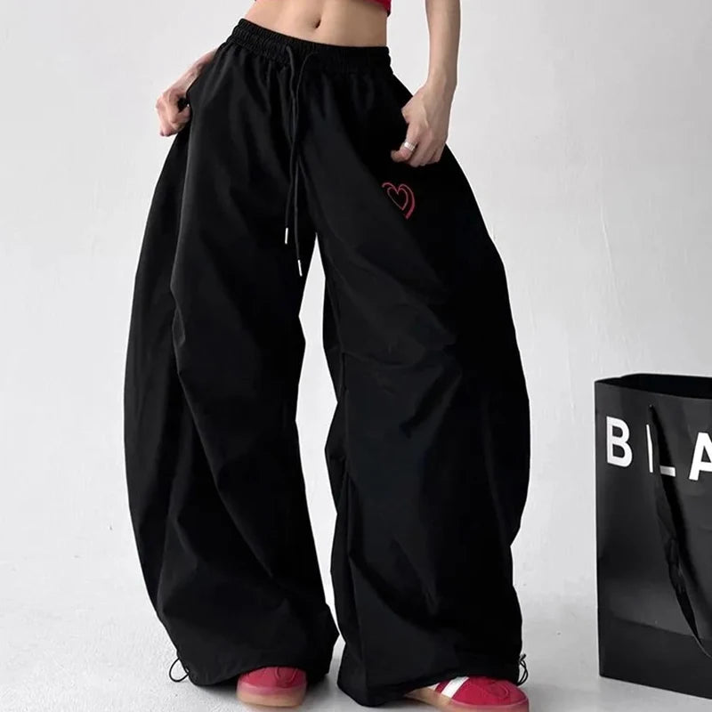 Jazz Dance Black Pants Women High Waisted Harajuku Y2K American Trousers Street Embroidered Vintage Solid Lazy Hiphop Pants