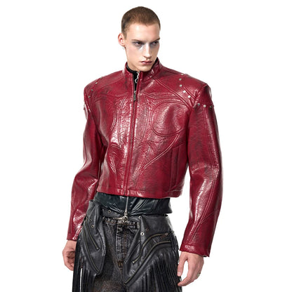 FEWQ High Street Men's PU Leather Jackets Stand Collar Shoulder Pads Dirty-dying Contrast Color Loose Male Short Coats 24K5621