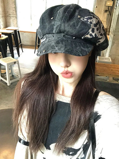 Y2K Personalized Star Sticker Rivet Design Berets Caps for Women Spring and Autumn Fashion Versatile Retro Tie-dye Newsboy Hats