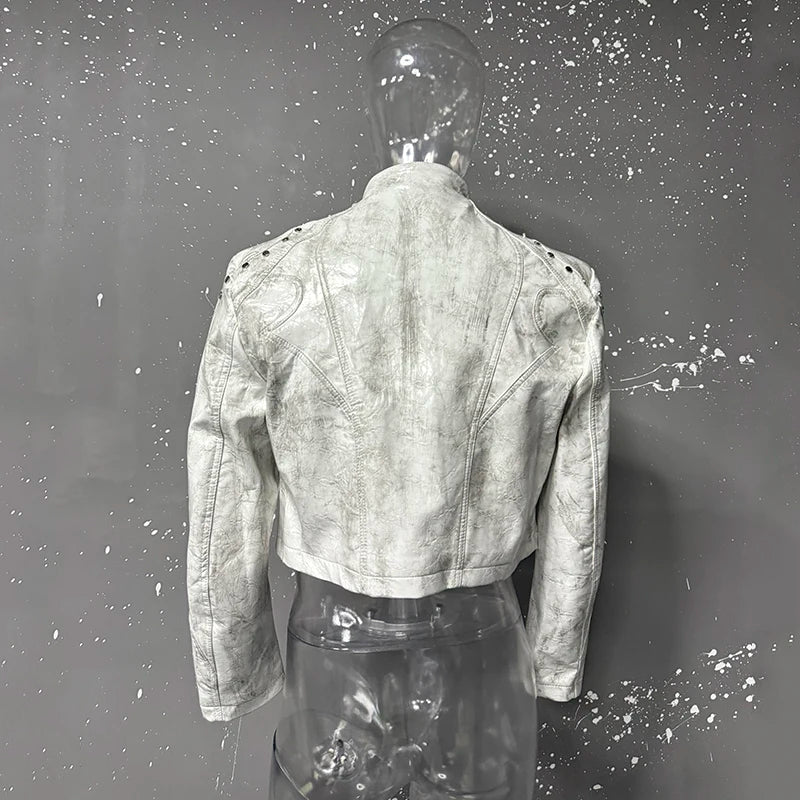 FEWQ High Street Men's PU Leather Jackets Stand Collar Shoulder Pads Dirty-dying Contrast Color Loose Male Short Coats 24K5621