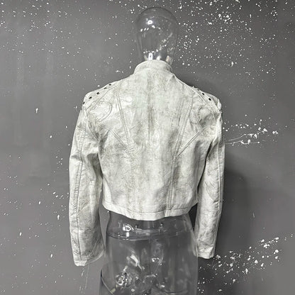 FEWQ High Street Men's PU Leather Jackets Stand Collar Shoulder Pads Dirty-dying Contrast Color Loose Male Short Coats 24K5621