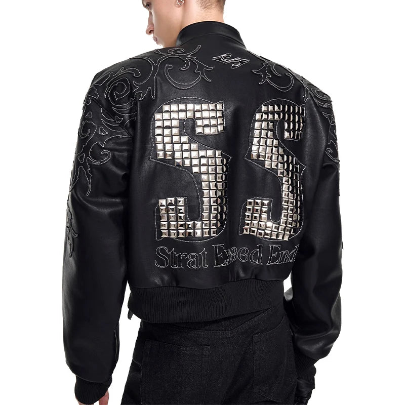 Motorcycle Style Black Short PU Leather Jacket Metal Letter Embroidered Leather Coat Men