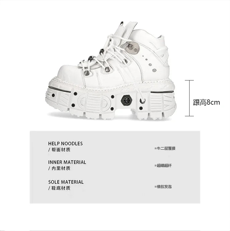 Fashion Women Motorcycle Boots Punk Thick Heel Height 8CM Flat Platform Goth Ankle Rock Boots Metal Decor Casual Sneakers