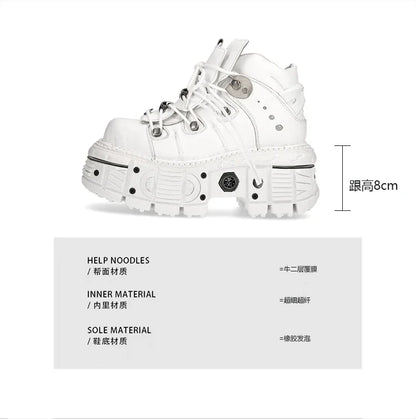 Fashion Women Motorcycle Boots Punk Thick Heel Height 8CM Flat Platform Goth Ankle Rock Boots Metal Decor Casual Sneakers