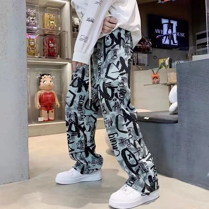 High Street Graffiti Tie-dye Pants Men Casual Loose Oversized Hip-hop Trousers Man American Straight Wide-leg Pants