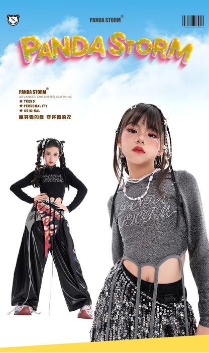 Fashion Girls Hip Hop Dance Clothing Long Sleeves Tops Baggy Pants Kids Jazz Kpop Performance Costume Street Dance Wear BL17513