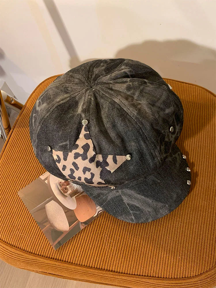 Y2K Personalized Star Sticker Rivet Design Berets Caps for Women Spring and Autumn Fashion Versatile Retro Tie-dye Newsboy Hats