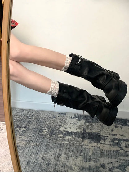 Winter Women Biker Boots Fashion Belt Buckle Ladies Elegant Platform Flats Short Booties Casual Women's Knight Booties