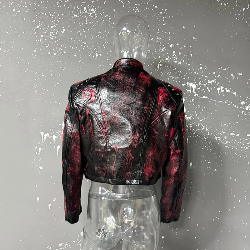 FEWQ High Street Men's PU Leather Jackets Stand Collar Shoulder Pads Dirty-dying Contrast Color Loose Male Short Coats 24K5621