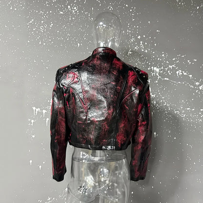 FEWQ High Street Men's PU Leather Jackets Stand Collar Shoulder Pads Dirty-dying Contrast Color Loose Male Short Coats 24K5621