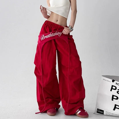 Women's Bootcut Trousers - Streetwear Baggy Pants with Hip Drape & Waist Ties, American Hip Hop Curved Hem Casual Pants White
