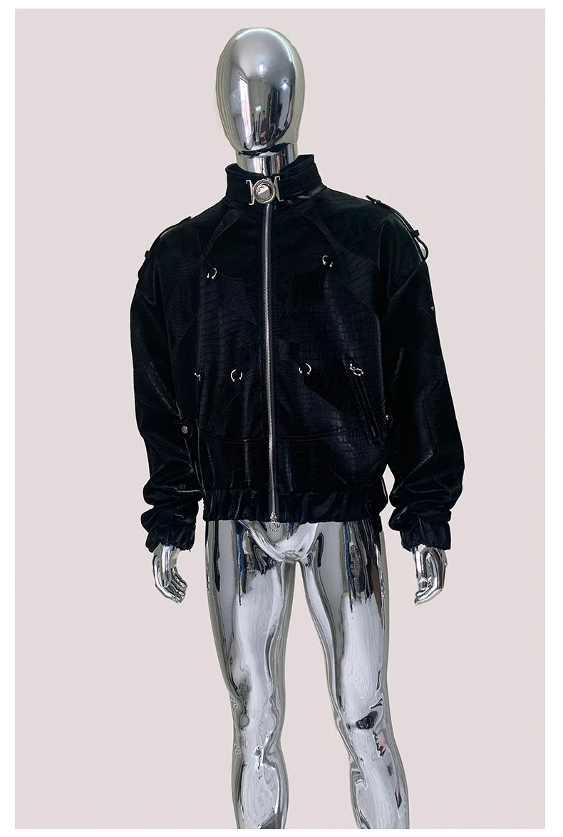 Mauroicardi Autumn Short Color Block Crocodile Print Faux Leather Jacket Men Stand Collar Luxury Designer Punk Style Emo Clothes