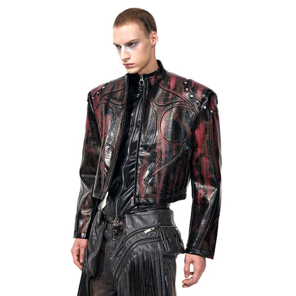 FEWQ High Street Men's PU Leather Jackets Stand Collar Shoulder Pads Dirty-dying Contrast Color Loose Male Short Coats 24K5621