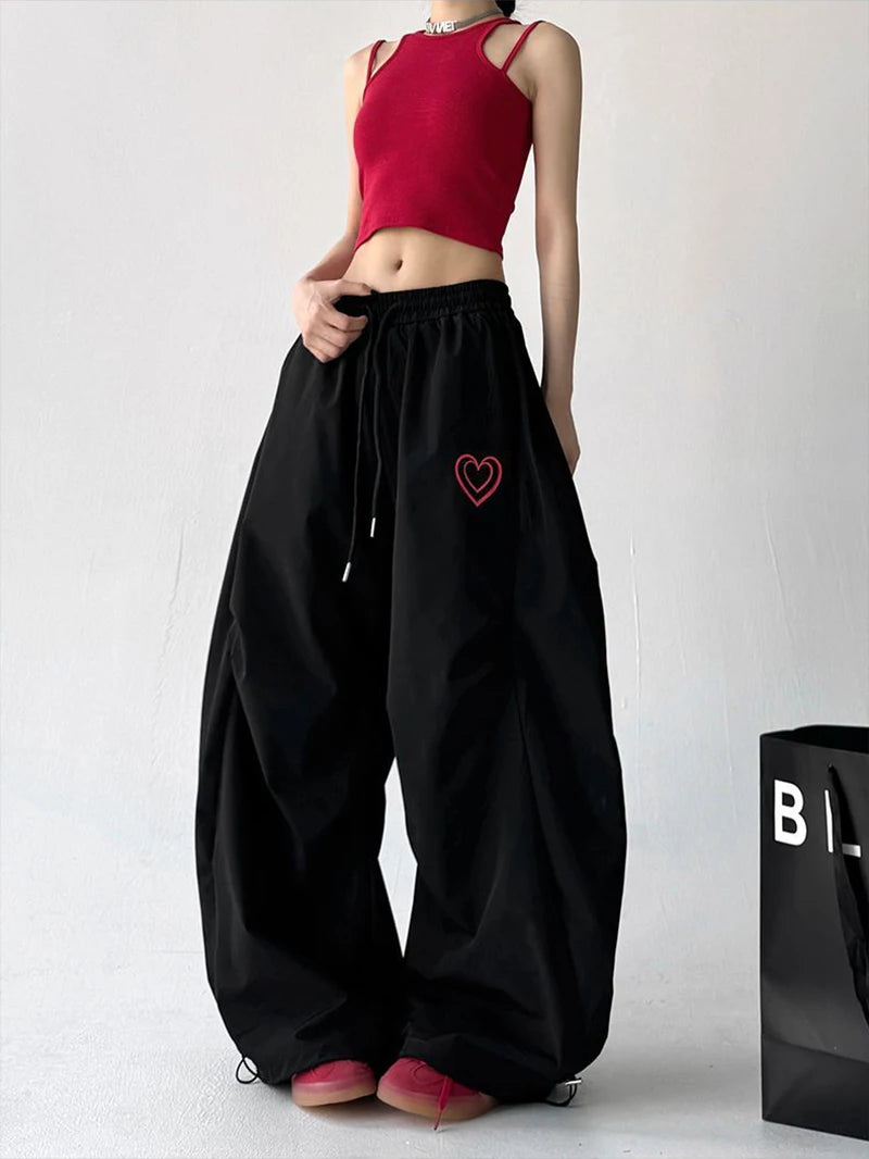 Jazz Dance Black Pants Women High Waisted Harajuku Y2K American Trousers Street Embroidered Vintage Solid Lazy Hiphop Pants