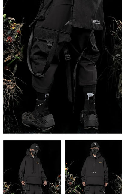 Punk Techwear Cargo Pants Big Pockets Ribbons Oversized Hip Hop Black Pants Joggers Streetwear Harajuku Loose Harem Trousers