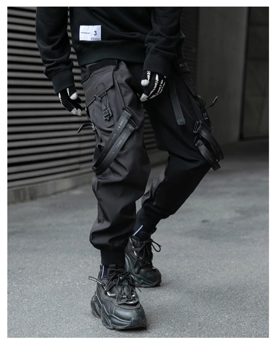Hip Hop Tactical Cargo Pants Men Ribbons Joggers Trousers 2023 Spring Functional Elastic Waist Fahsion Streetwear Pant