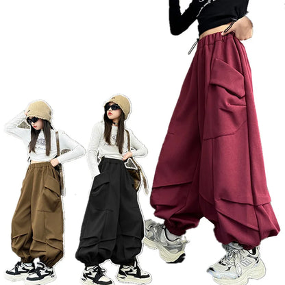 2025 Hot Sale Loose Hip-hop Pants For Girl Kids Fashion High Street Child Black Burgundy Chocolate Trousers Streewear Trackpants
