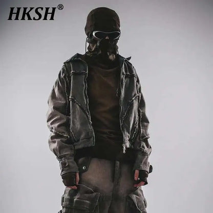 HKSH Spring Autumn New Men's Tide Punk Splice Jackets Split Burr Washed Retro Waste Land Chic Coat Dark Cotton Streetwear HK2418