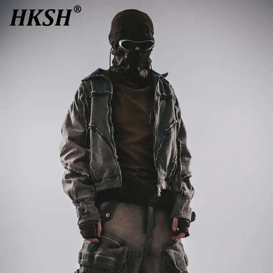 HKSH Spring Autumn New Men's Tide Punk Splice Jackets Split Burr Washed Retro Waste Land Chic Coat Dark Cotton Streetwear HK2418