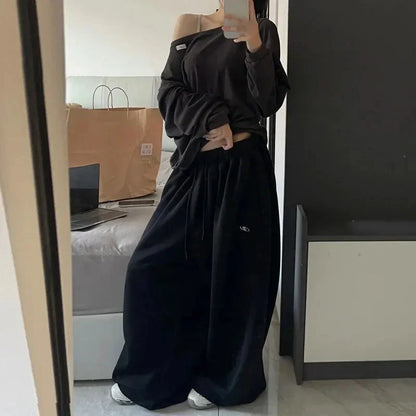 American Retro Hip-Hop Oversized Woman Black Casual Sweatpants Korean Streetwear Loose Jogging Pants High Waist Wide-Leg Pants