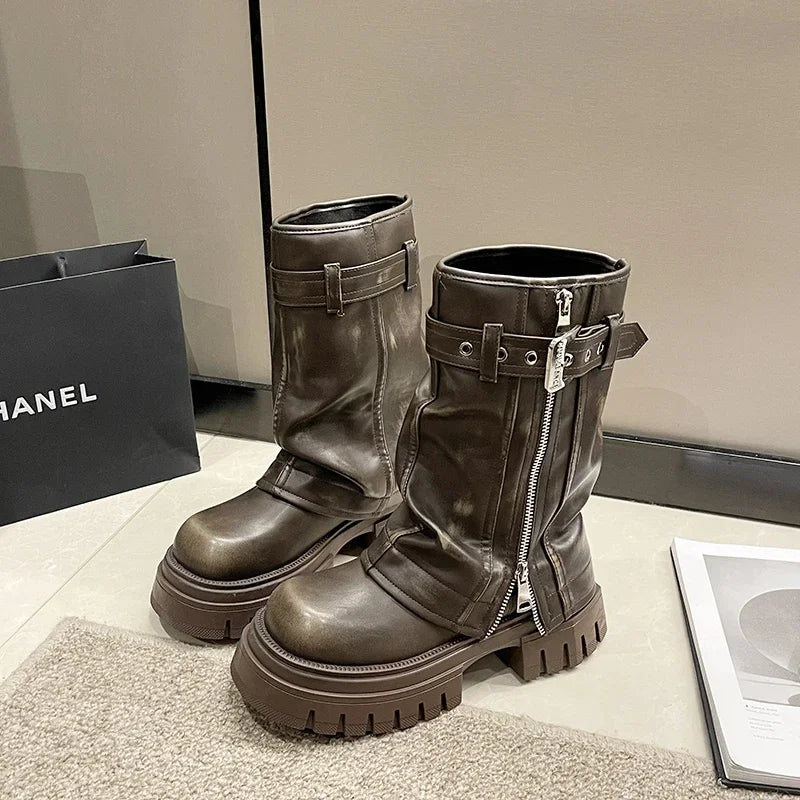 Shoes for Women Belt Buckle Women's Boot Fashion Side Zipp Modern Boots Women High Quality Round Toe Mid-Calf Zapatos