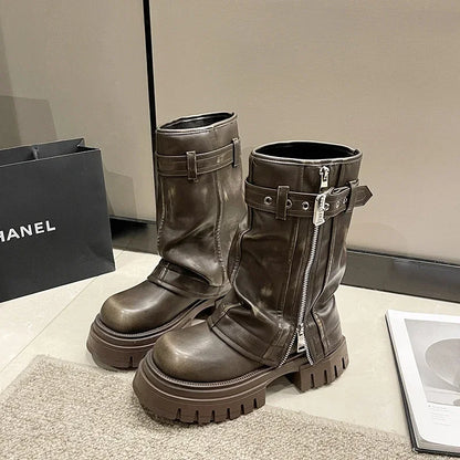 Shoes for Women Belt Buckle Women's Boot Fashion Side Zipp Modern Boots Women High Quality Round Toe Mid-Calf Zapatos