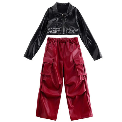 Jazz Dance Girls Clothes Kids Hip Hop Dance Costume Black Leather Crop Tops Hiphop Pants Catwalk Performance Clothing BL13600