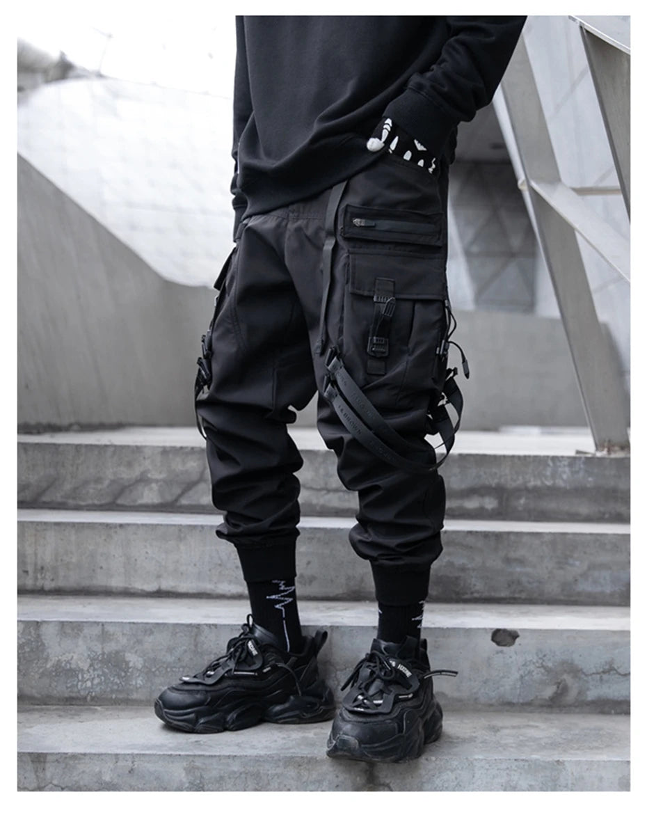 Hip Hop Tactical Cargo Pants Men Ribbons Joggers Trousers 2023 Spring Functional Elastic Waist Fahsion Streetwear Pant